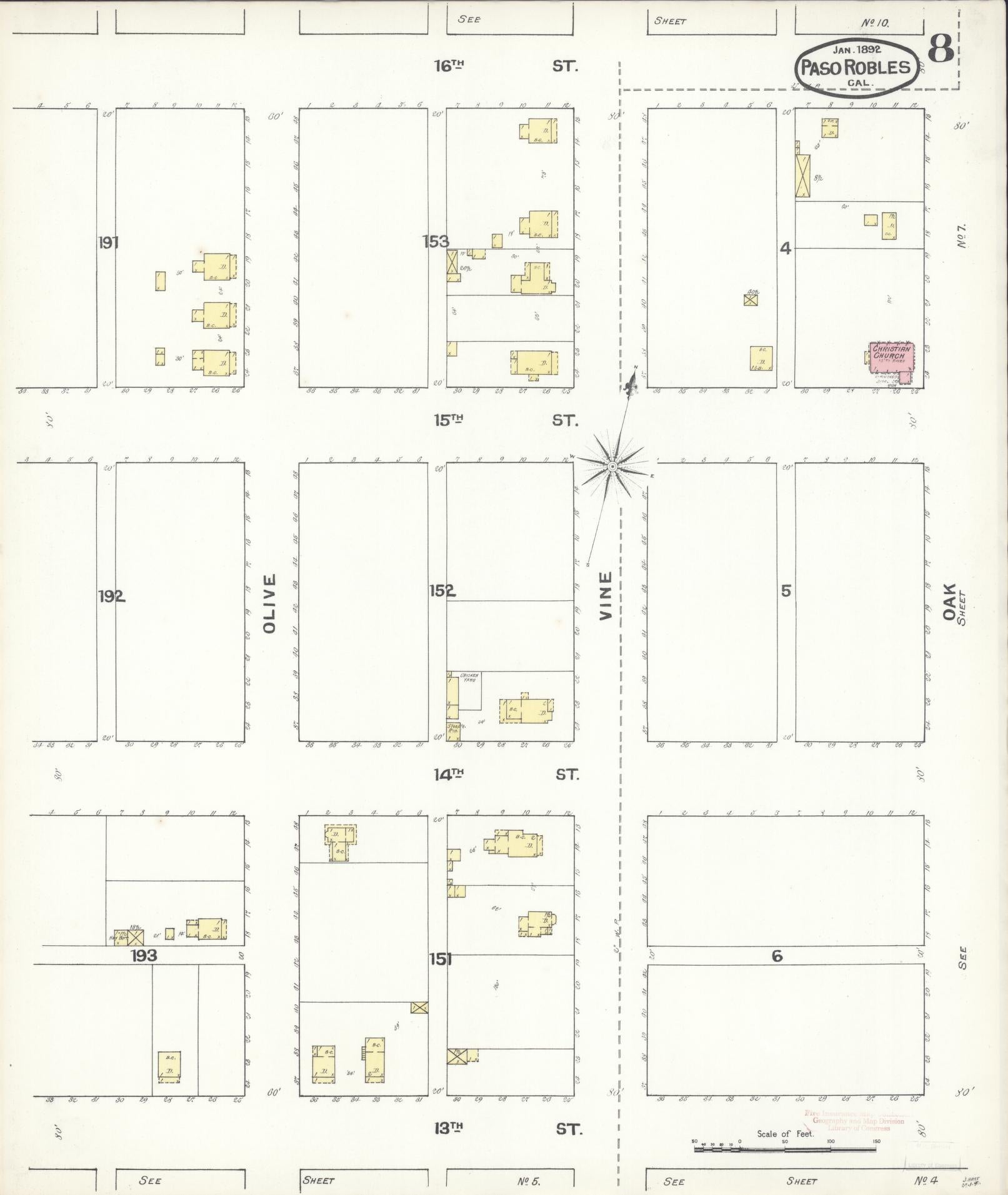 Sanborn Fire Insurance Map from Paso Robles, San Luis Obispo County, California (1892), Sheet #0008 - Complete Map Set gallery image, historic Sanborn map, vintage wall art, California California