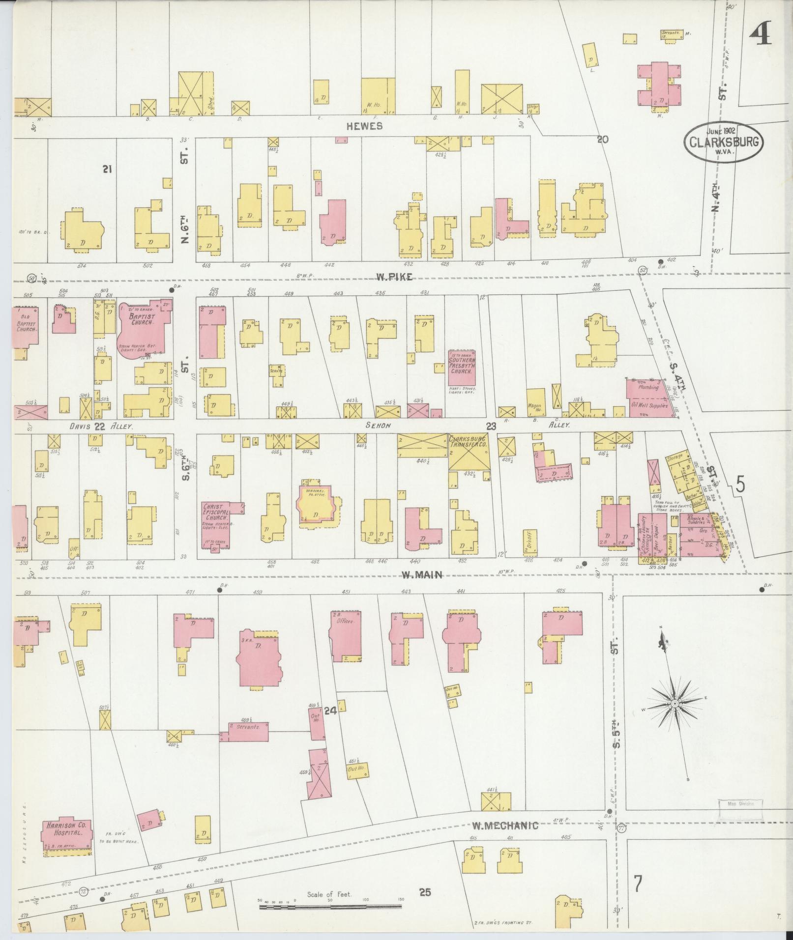 Sanborn Fire Insurance Map from Clarksburg, Harrison County, West Virginia (1902), Sheet #0004 - Historic Sanborn Fire Insurance Map Print, vintage old map wall art, antique decor, genealogy gift, West Virginia West Virginia map