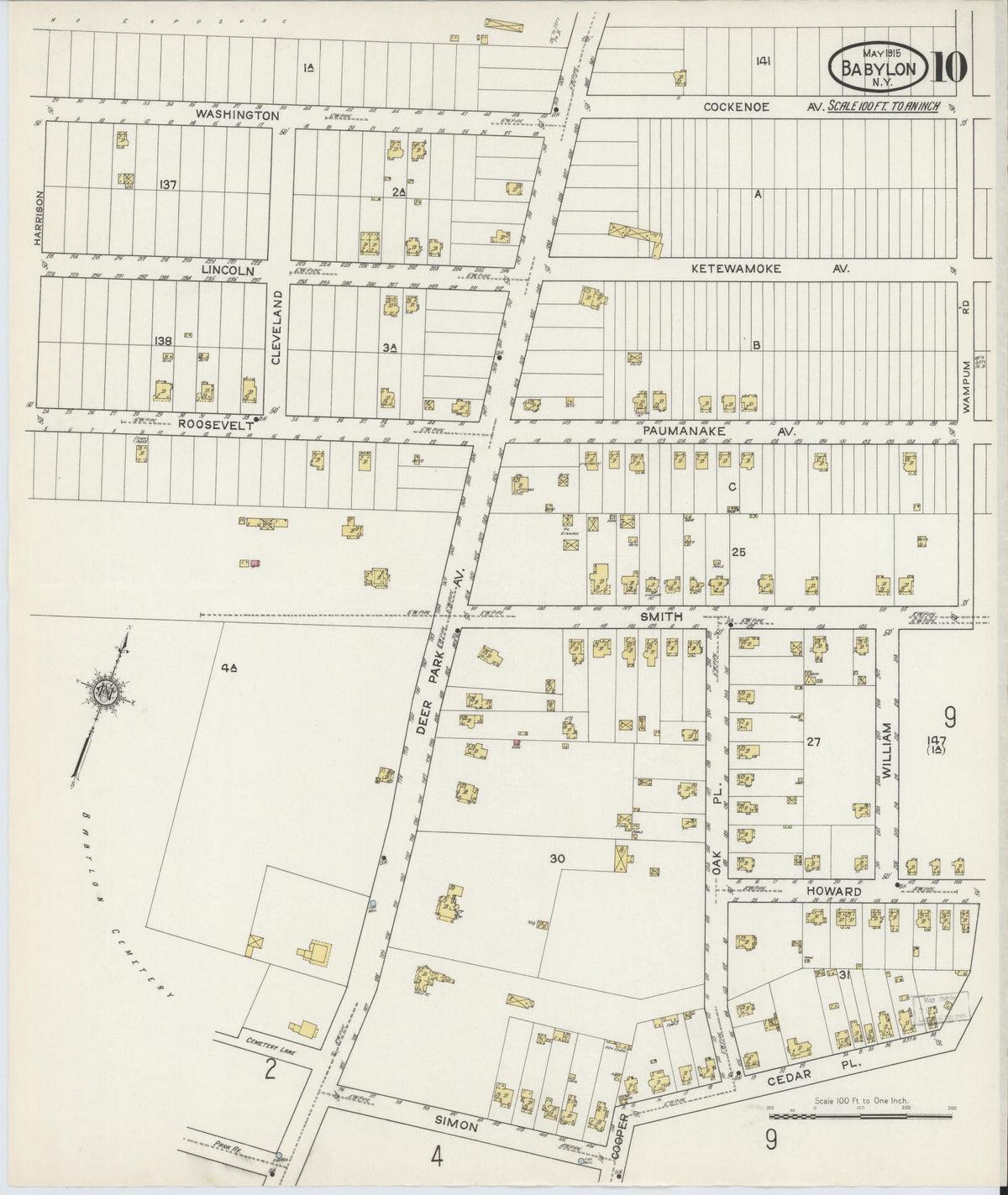 Sanborn Fire Insurance Map from Babylon, Suffolk County, New York (1915), Sheet #0010 - Historic Sanborn Fire Insurance Map Print, vintage old map wall art, antique decor, genealogy gift, New York New York map
