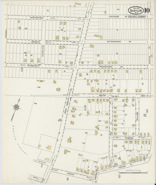 Sanborn Fire Insurance Map from Babylon, Suffolk County, New York (1915), Sheet #0010 - Historic Sanborn Fire Insurance Map Print, vintage old map wall art, antique decor, genealogy gift, New York New York map