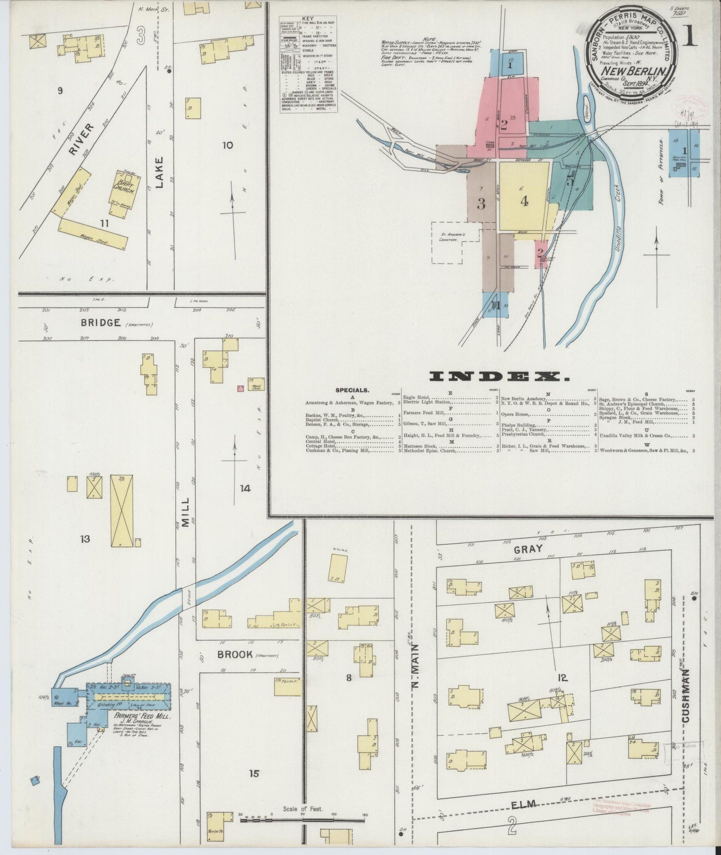 Sanborn Fire Insurance Map from New Berlin, Chenango County, New York (1894), Sheet #0001 - Complete Map Set gallery image, historic Sanborn map, vintage wall art, New York New York