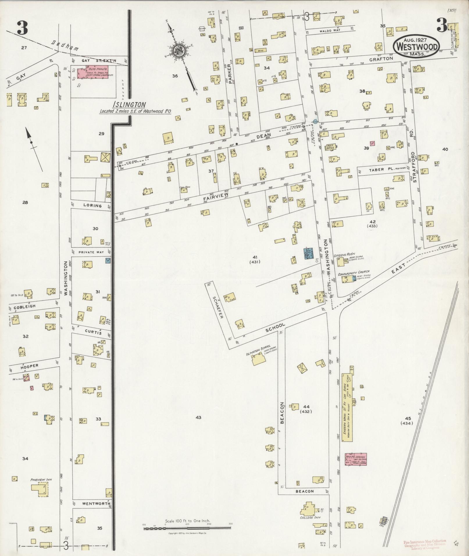 Sanborn Fire Insurance Map from Westwood, Norfolk County, Massachusetts (1927), Sheet #0003 - Complete Map Set gallery image, historic Sanborn map, vintage wall art, Massachusetts Massachusetts