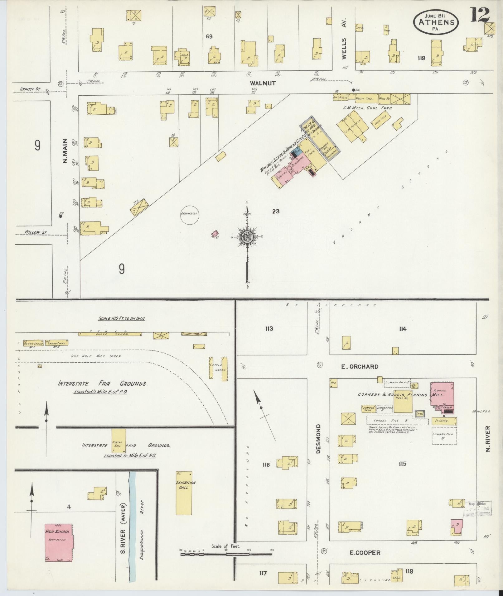 Sanborn Fire Insurance Map from Athens, Bradford County, Pennsylvania (1911), Sheet #0012 - Historic Sanborn Fire Insurance Map Print, vintage old map wall art, antique decor, genealogy gift, Pennsylvania Pennsylvania map