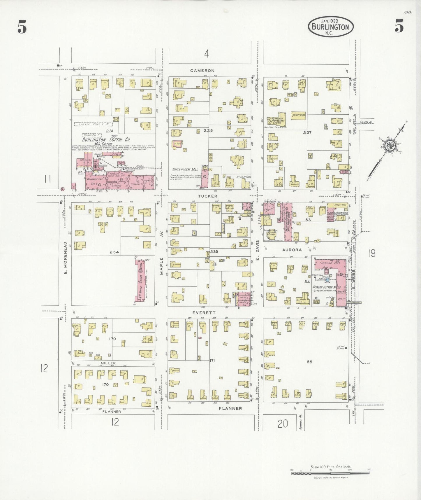 Sanborn Fire Insurance Map from Burlington, Alamance County, North Carolina (1929), Sheet #0005 - Complete Map Set gallery image, historic Sanborn map, vintage wall art, North Carolina North Carolina