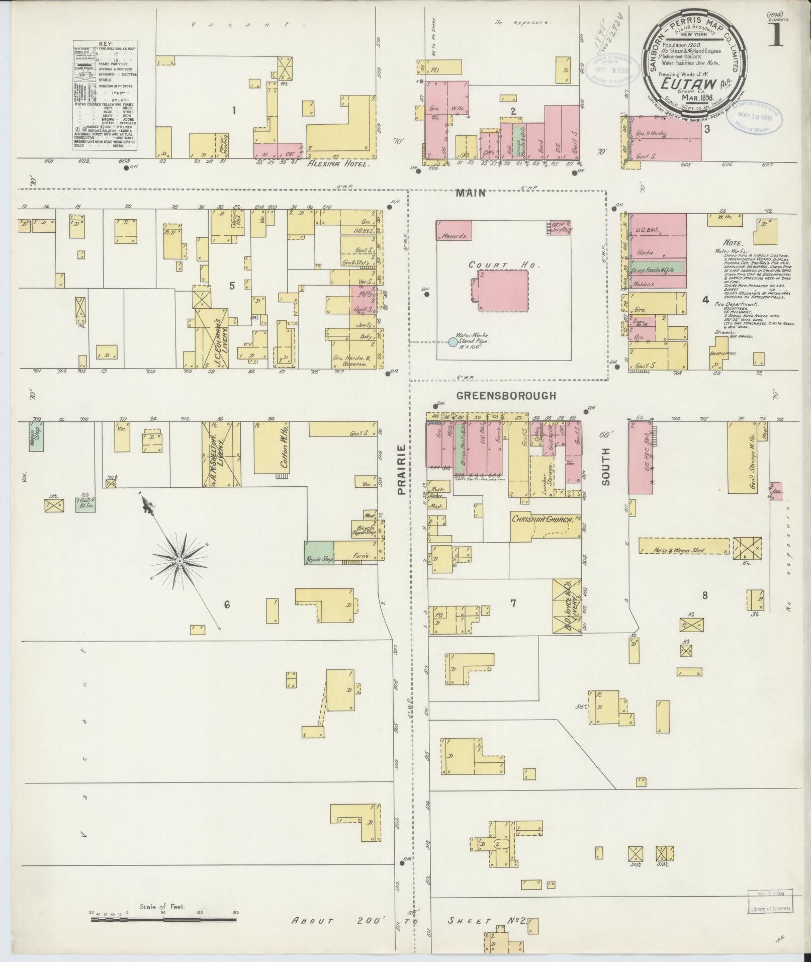 Sanborn Fire Insurance Map from Eutaw, Greene County, Alabama (1898), Sheet #0001 - Historic Sanborn Fire Insurance Map Print, vintage old map wall art, antique decor, genealogy gift, Alabama Alabama map