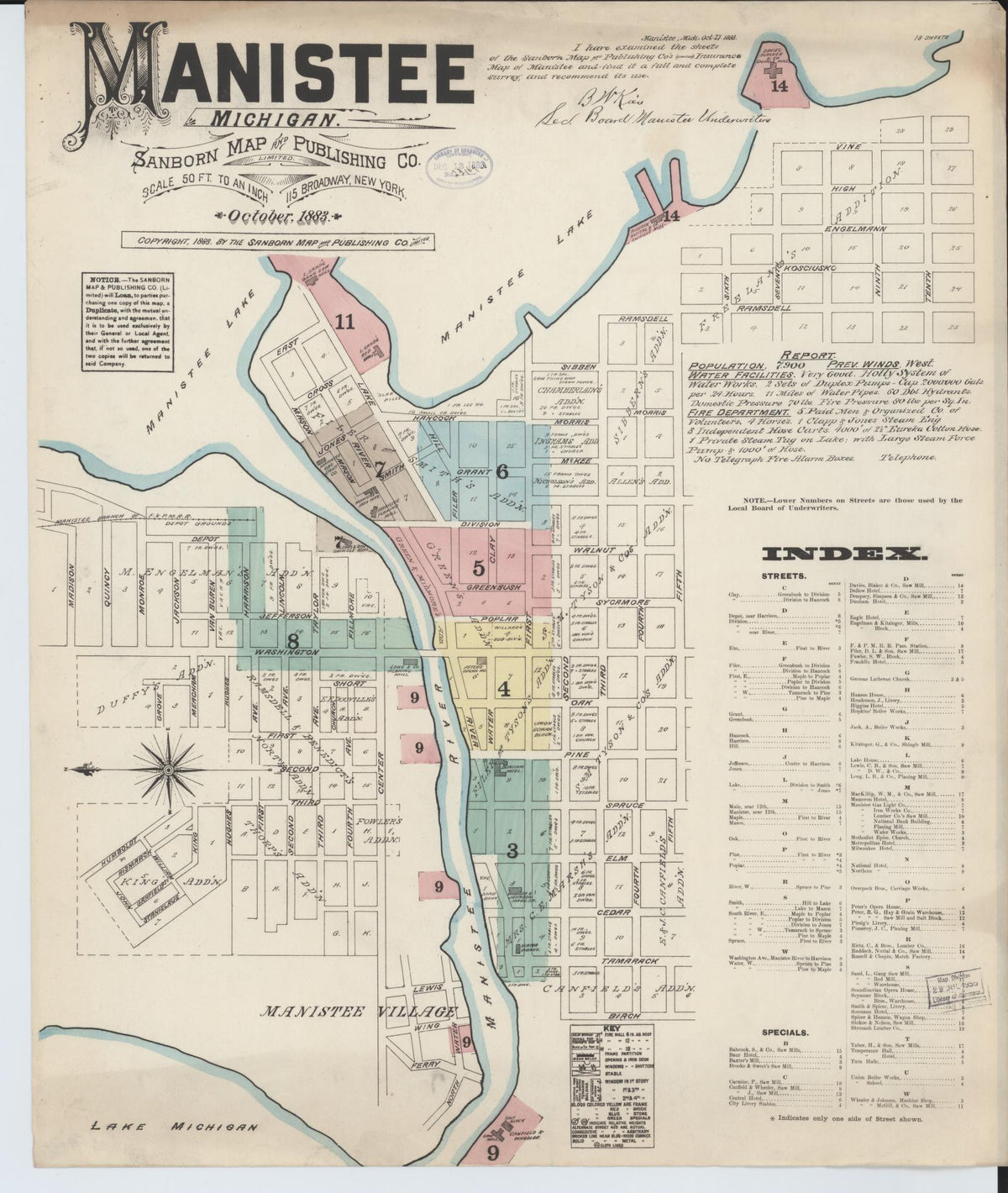 Sanborn Fire Insurance Map from Manistee, Manistee County, Michigan (1883), Sheet #0001 - Historic Sanborn Fire Insurance Map Print, vintage old map wall art, antique decor, genealogy gift, Michigan Michigan map