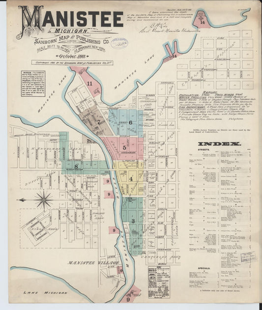 Sanborn Fire Insurance Map from Manistee, Manistee County, Michigan (1883), Sheet #0001 - Historic Sanborn Fire Insurance Map Print, vintage old map wall art, antique decor, genealogy gift, Michigan Michigan map
