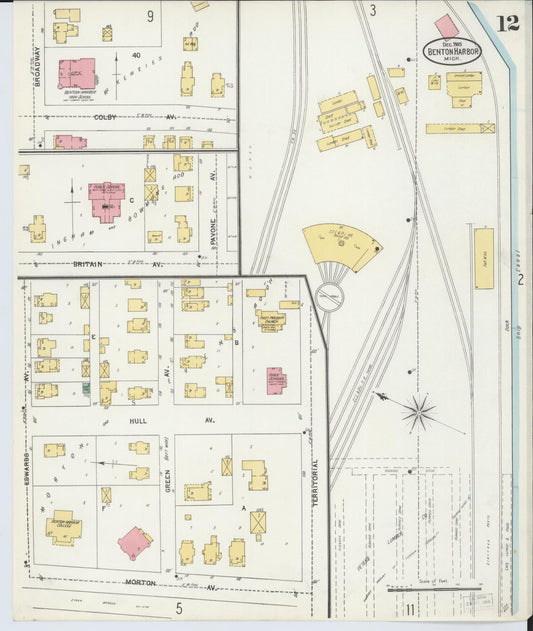 Sanborn Fire Insurance Map from Benton Harbor, Berrien County, Michigan (1905), Sheet #0012 - Historic Sanborn Fire Insurance Map Print, vintage old map wall art, antique decor, genealogy gift, Michigan Michigan map