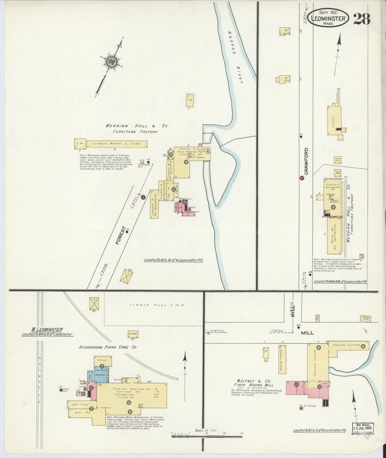 Sanborn Fire Insurance Map from Leominster, Worcester County, Massachusetts (1912), Sheet #0028 - Historic Sanborn Fire Insurance Map Print, vintage old map wall art, antique decor, genealogy gift, Massachusetts Massachusetts map