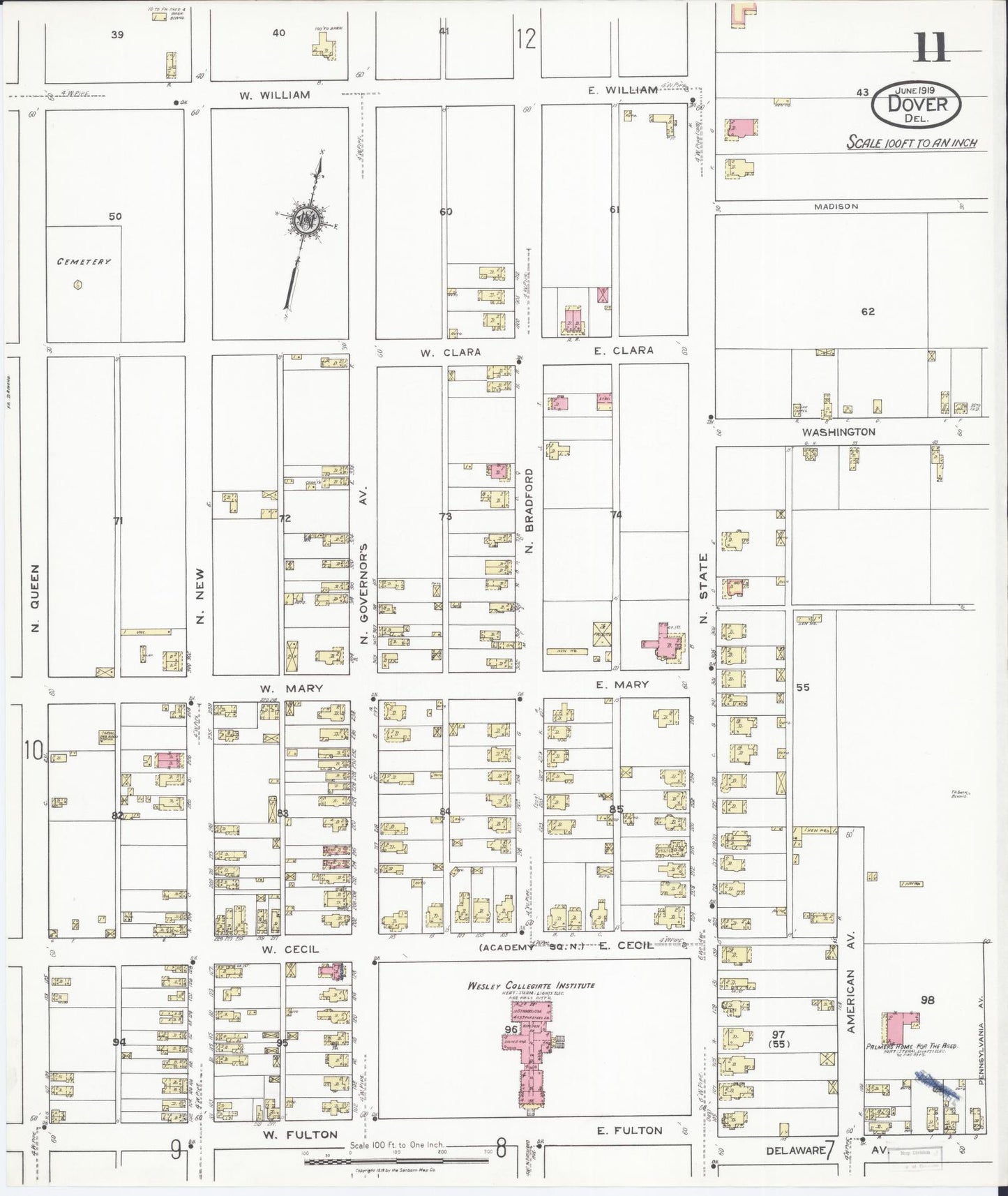 Sanborn Fire Insurance Map from Dover, Kent County, Delaware (1919), Sheet #0011 - Complete Map Set gallery image, historic Sanborn map, vintage wall art, Delaware Delaware