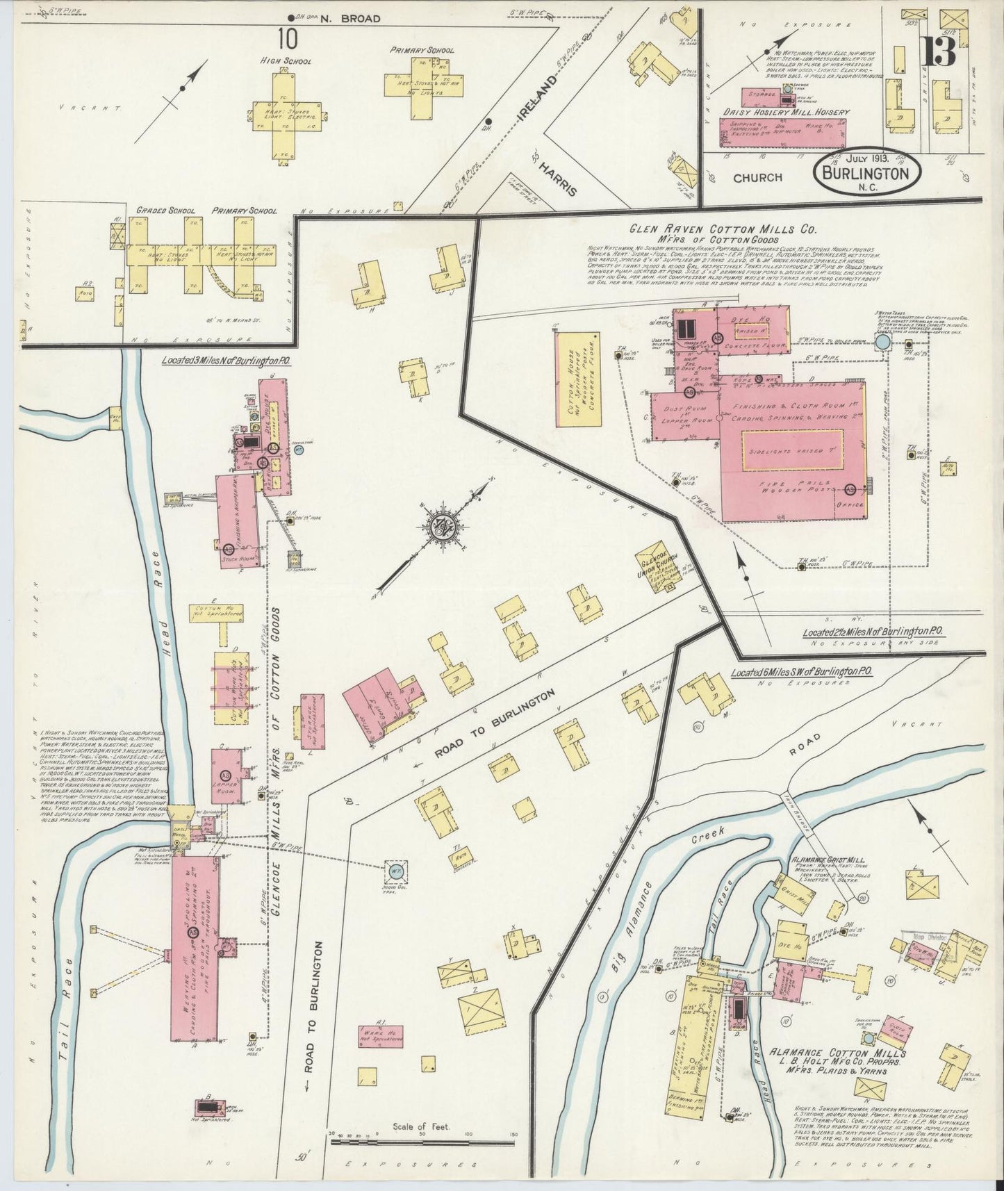 Sanborn Fire Insurance Map from Burlington, Alamance County, North Carolina (1913), Sheet #0013 - Historic Sanborn Fire Insurance Map Print, vintage old map wall art, antique decor, genealogy gift, North Carolina North Carolina map