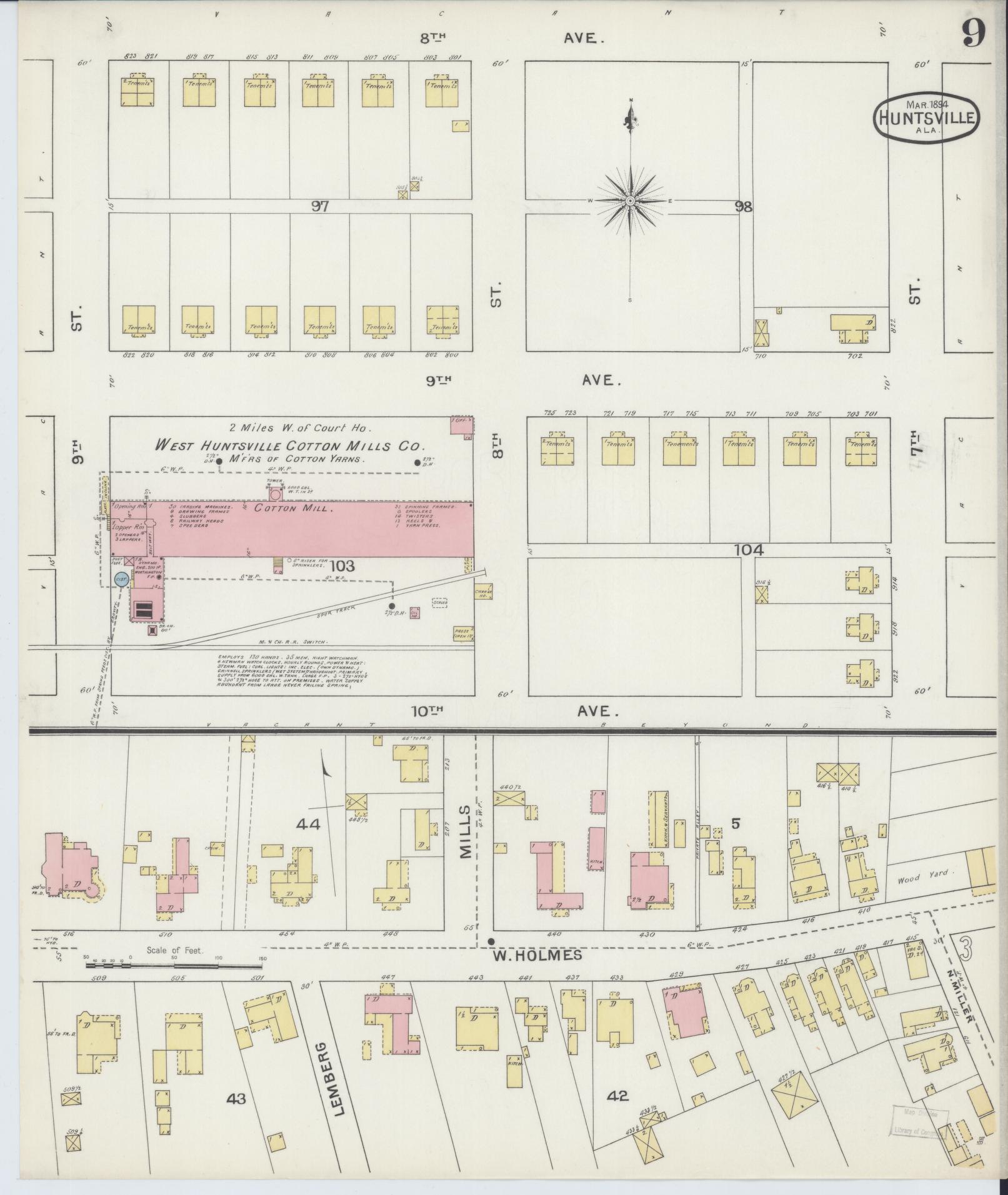 Sanborn Fire Insurance Map from Huntsville, Madison County, Alabama (1894), Sheet #0009 - Historic Sanborn Fire Insurance Map Print, vintage old map wall art, antique decor, genealogy gift, Alabama Alabama map
