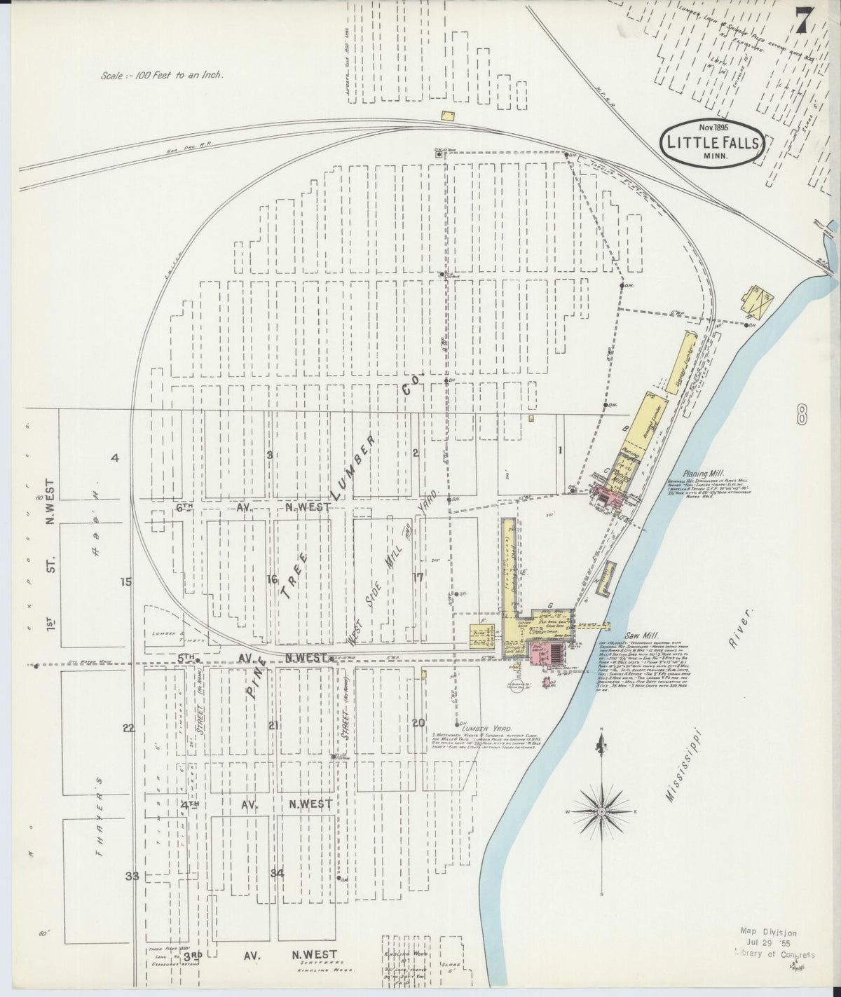 Sanborn Fire Insurance Map from Little Falls, Morrison County, Minnesota (1895), Sheet #0007 - Historic Sanborn Fire Insurance Map Print, vintage old map wall art, antique decor, genealogy gift, Minnesota Minnesota map
