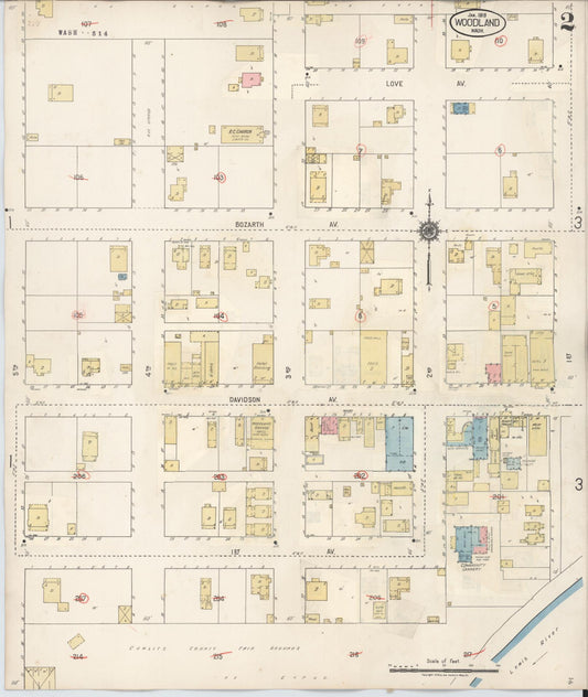 Sanborn Fire Insurance Map from Woodland, Cowlitz County, Washington (1943), Sheet #0002 - Historic Sanborn Fire Insurance Map Print, vintage old map wall art, antique decor, genealogy gift, Washington Washington map