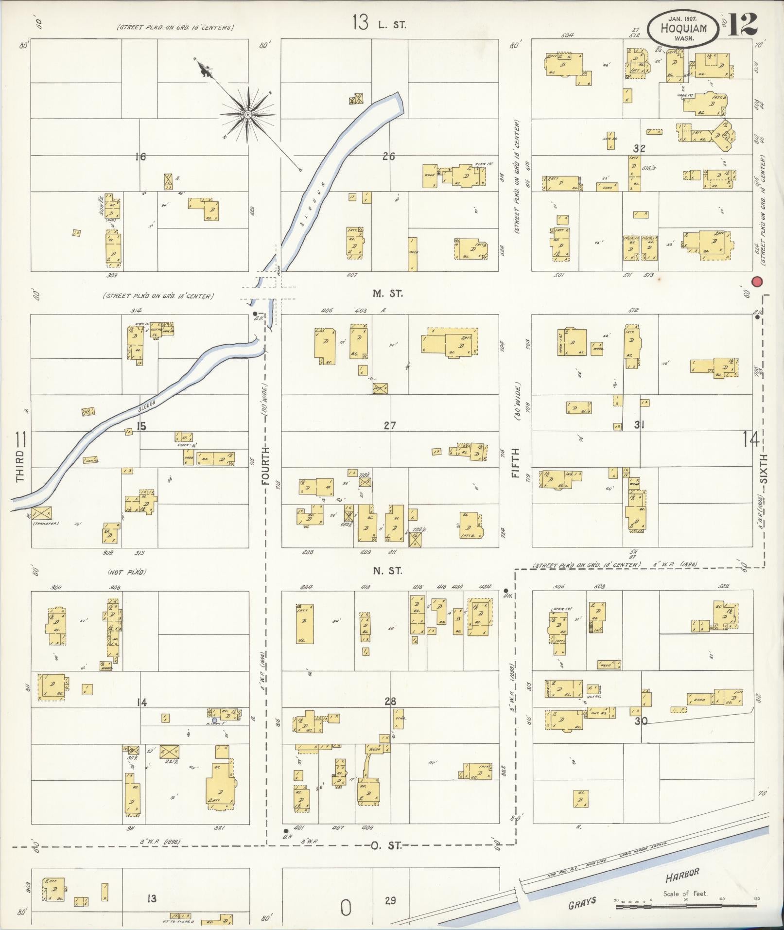 Sanborn Fire Insurance Map from Hoquiam, Grays Harbor County, Washington (1907), Sheet #0012 - Complete Map Set gallery image, historic Sanborn map, vintage wall art, Washington Washington