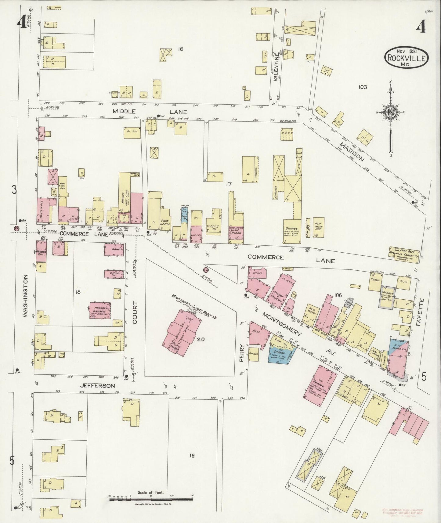 Sanborn Fire Insurance Map from Rockville, Montgomery County, Maryland (1924), Sheet #0004 - Historic Sanborn Fire Insurance Map Print, vintage old map wall art