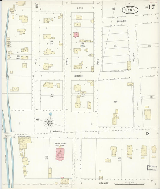 Sanborn Fire Insurance Map from Reno, Washoe County, Nevada (1899), Sheet #0017 - Historic Sanborn Fire Insurance Map Print, vintage old map wall art, antique decor, genealogy gift, Nevada Nevada map