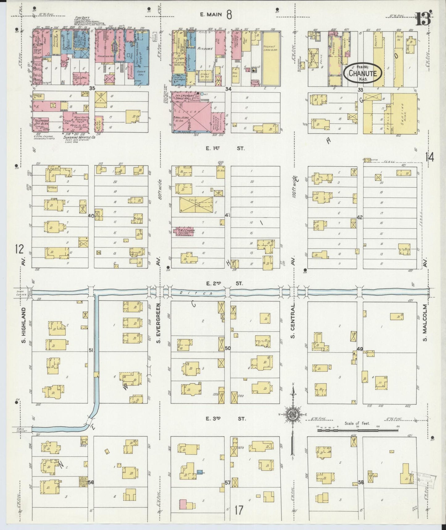Sanborn Fire Insurance Map from Chanute, Neosho County, Kansas (1911), Sheet #0013 - Complete Map Set gallery image, historic Sanborn map, vintage wall art, Kansas Kansas