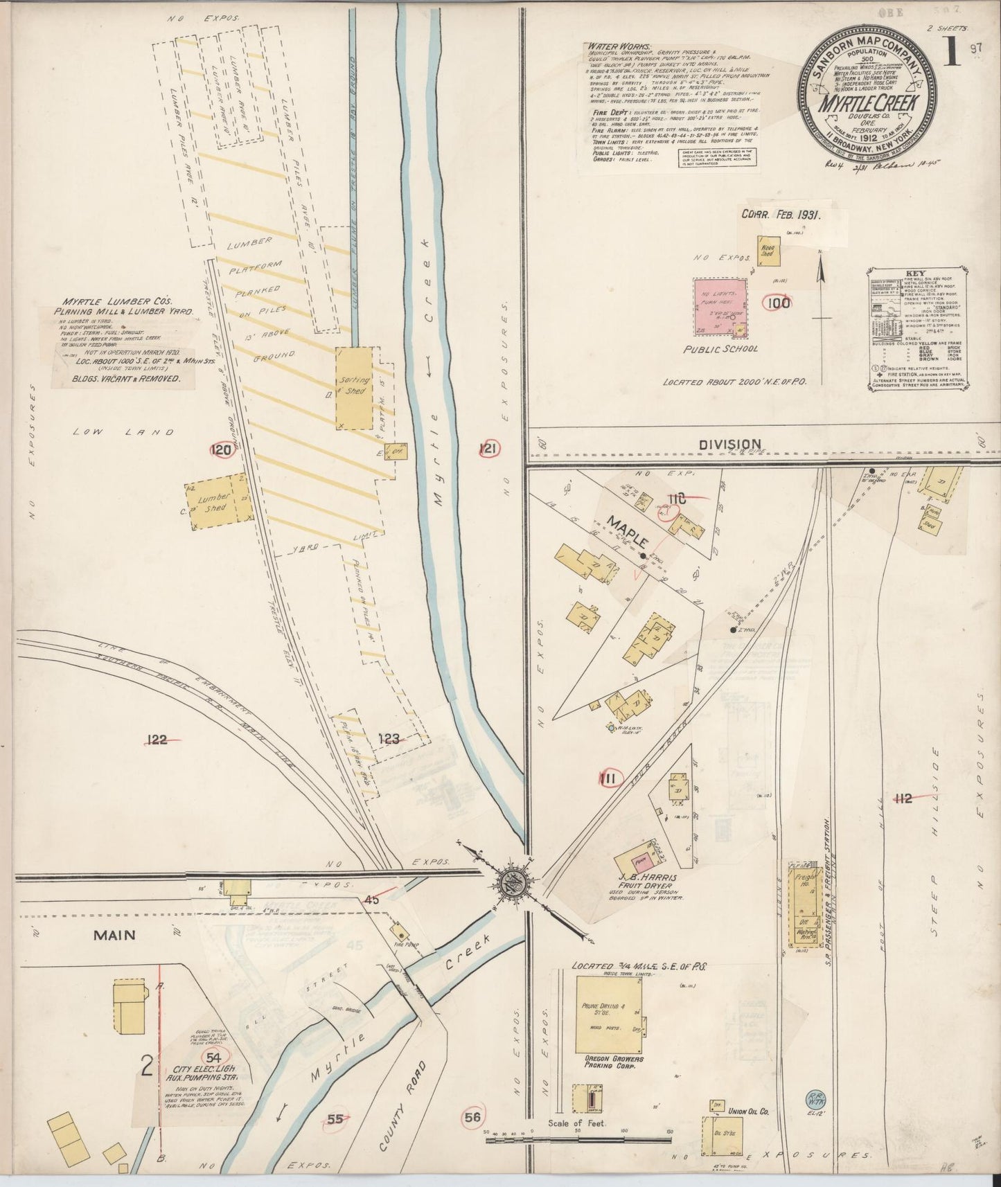 Sanborn Fire Insurance Map from Myrtle Creek, Douglas County, Oregon (1931), Sheet #0001 - Historic Sanborn Fire Insurance Map Print, vintage old map wall art, antique decor, genealogy gift, Oregon Oregon map