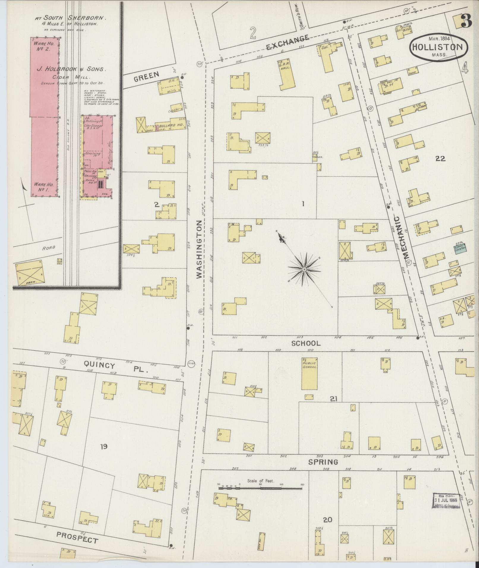 Sanborn Fire Insurance Map from Holliston, Middlesex County, Massachusetts (1894), Sheet #0003 - Historic Sanborn Fire Insurance Map Print, vintage old map wall art, antique decor, genealogy gift, Massachusetts Massachusetts map