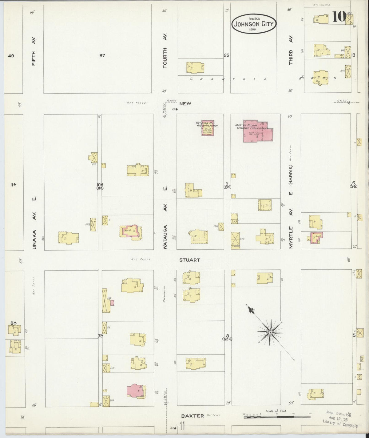 Sanborn Fire Insurance Map from Johnson City, Washington County, Tennessee (1908), Sheet #0010 - Historic Sanborn Fire Insurance Map Print, vintage old map wall art, antique decor, genealogy gift, Tennessee Tennessee map