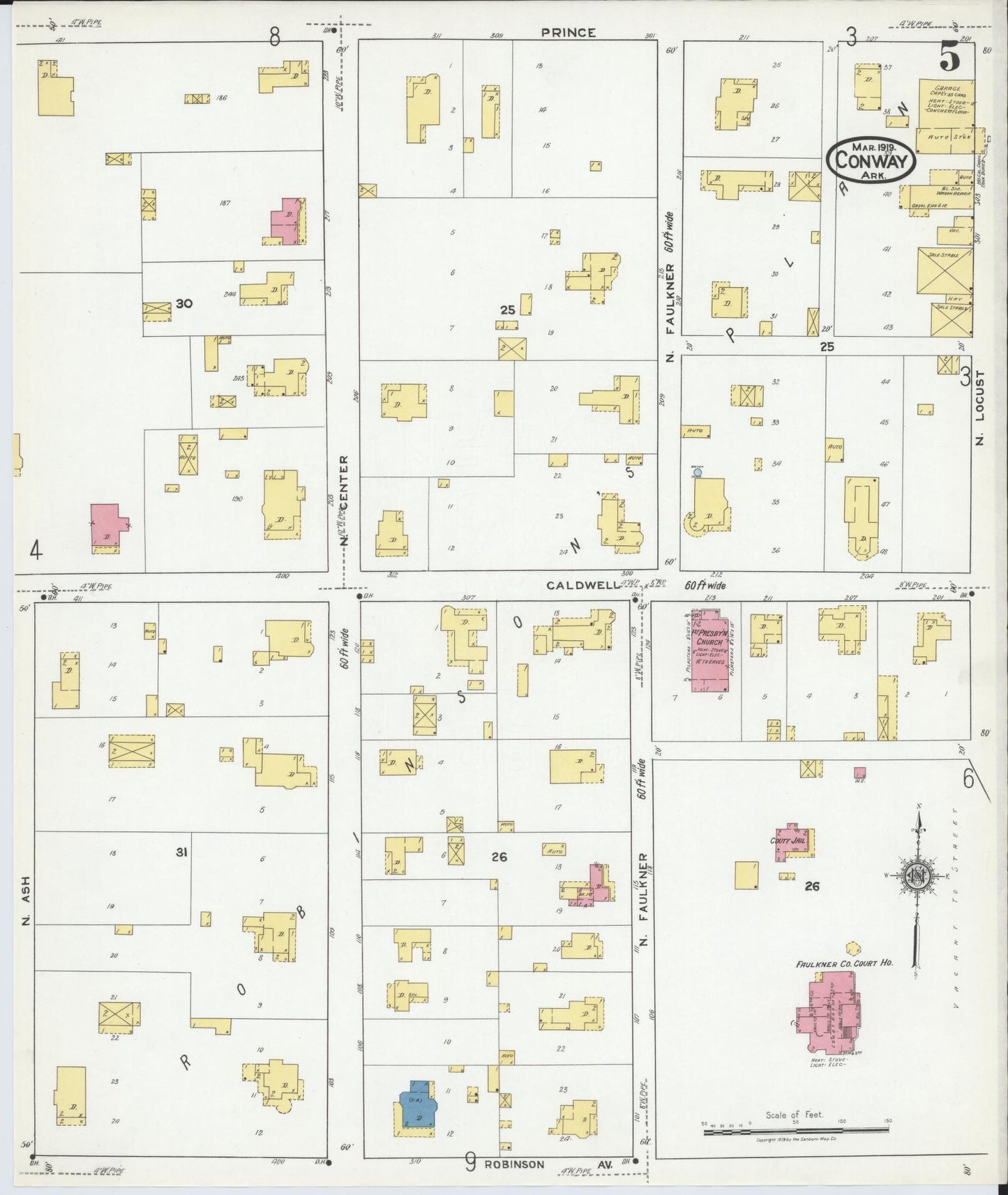 Sanborn Fire Insurance Map from Conway, Faulkner County, Arkansas (1919), Sheet #0005 - Complete Map Set gallery image, historic Sanborn map, vintage wall art, Arkansas Arkansas