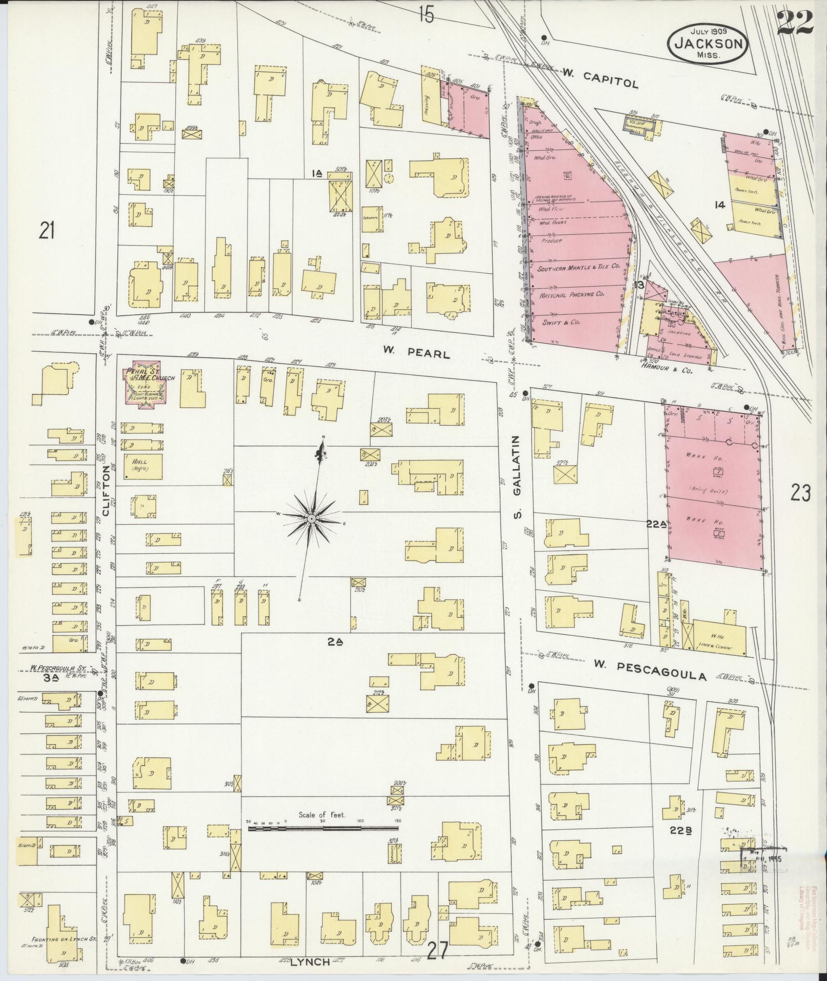 Sanborn Fire Insurance Map from Jackson, Hinds County, Mississippi (1909), Sheet #0022 - Historic Sanborn Fire Insurance Map Print, vintage old map wall art, antique decor, genealogy gift, Mississippi Mississippi map