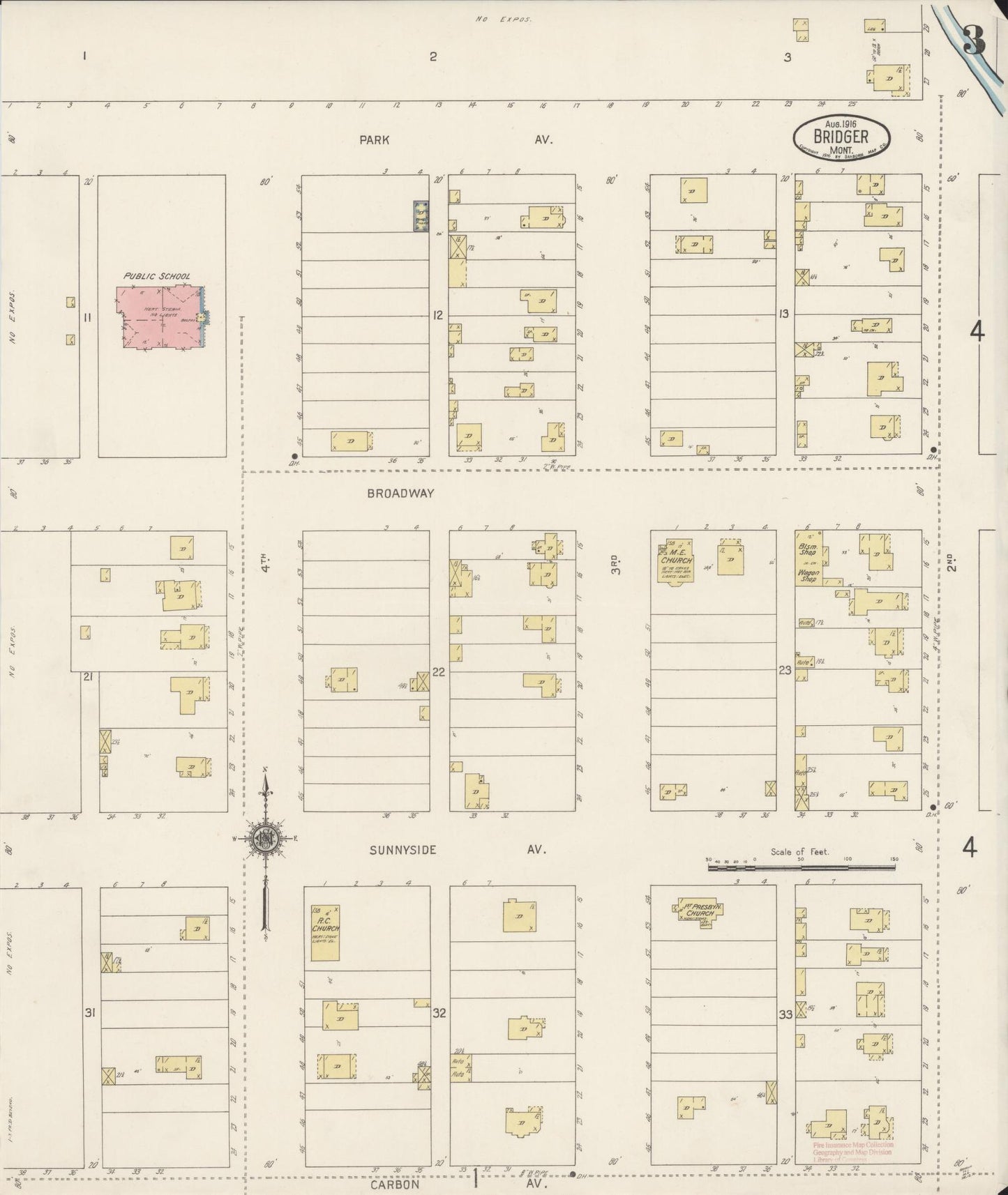 Sanborn Fire Insurance Map from Bridger, Carbon County, Montana (1916), Sheet #0003 - Historic Sanborn Fire Insurance Map Print, vintage old map wall art, antique decor, genealogy gift, Montana Montana map
