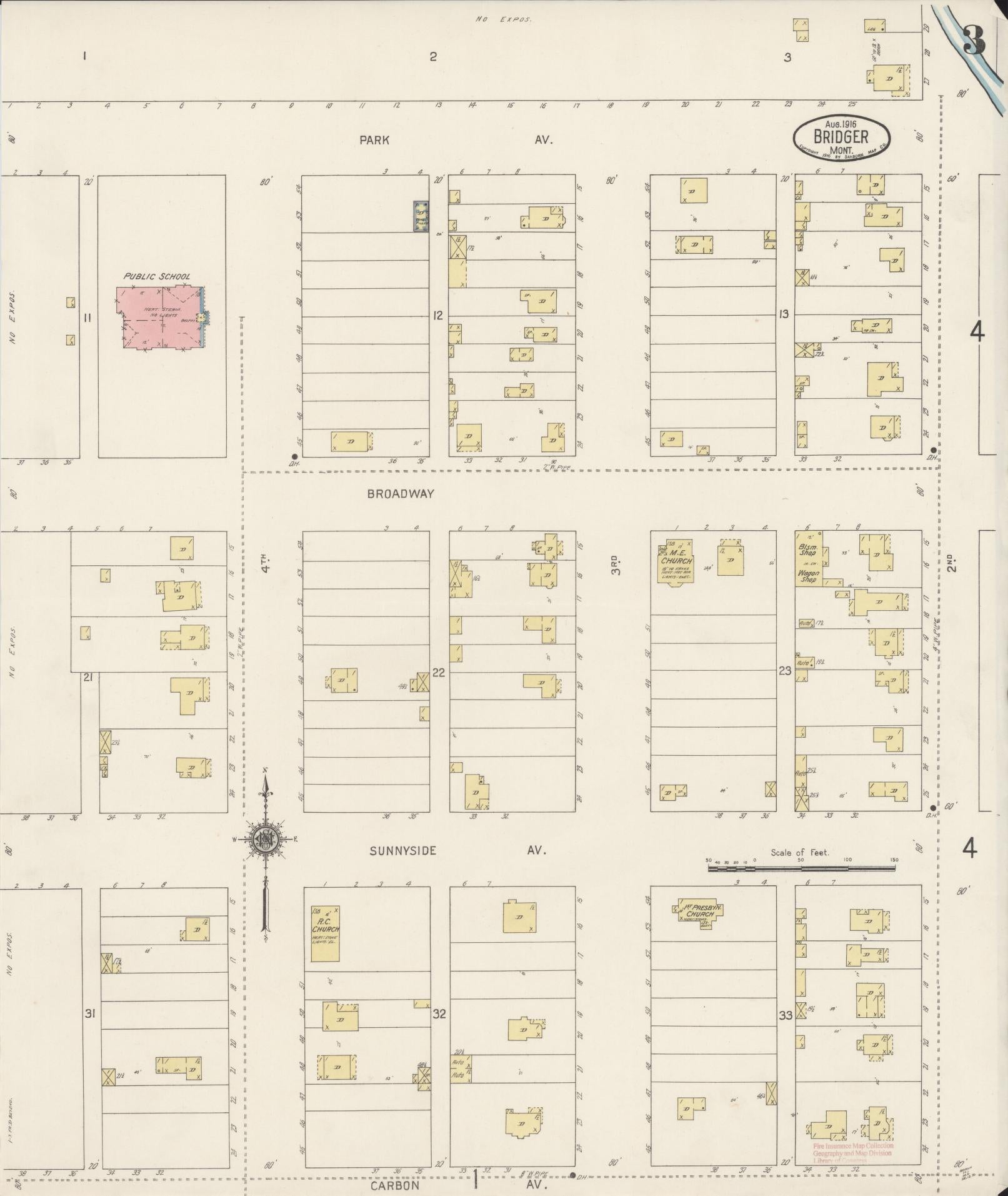 Sanborn Fire Insurance Map from Bridger, Carbon County, Montana (1916), Sheet #0003 - Historic Sanborn Fire Insurance Map Print, vintage old map wall art, antique decor, genealogy gift, Montana Montana map