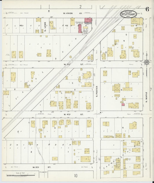 Sanborn Fire Insurance Map from Stuttgart, Arkansas County, Arkansas (1917), Sheet #0006 - Historic Sanborn Fire Insurance Map Print, vintage old map wall art, antique decor, genealogy gift, Stuttgart Arkansas map