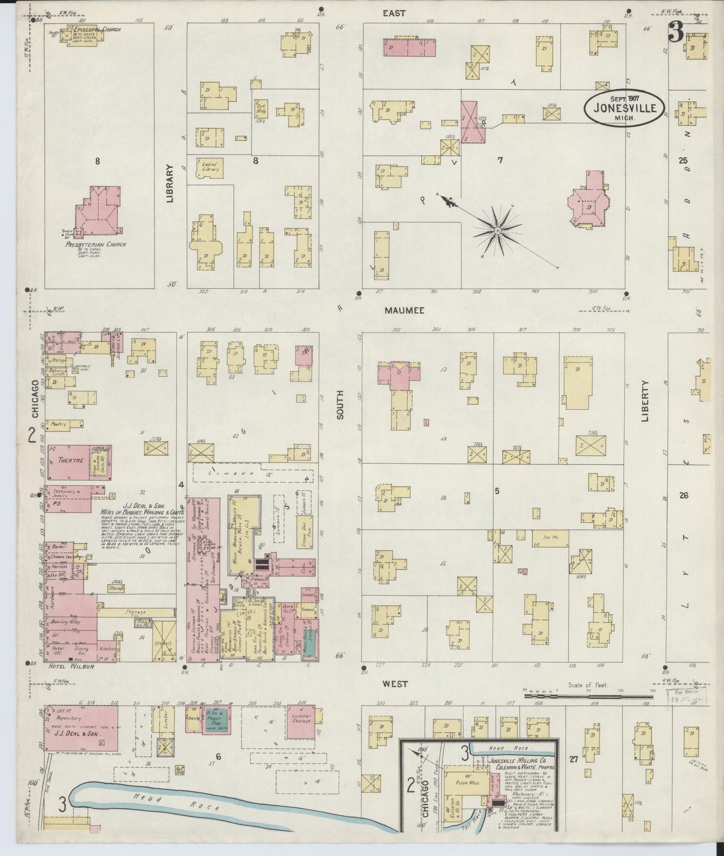 Sanborn Fire Insurance Map from Jonesville, Hillsdale County, Michigan (1907), Sheet #0003 - Complete Map Set gallery image, historic Sanborn map, vintage wall art, Michigan Michigan