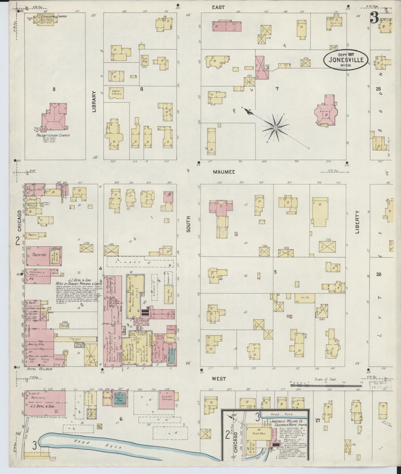 Sanborn Fire Insurance Map from Jonesville, Hillsdale County, Michigan (1907), Sheet #0003 - Complete Map Set gallery image, historic Sanborn map, vintage wall art, Michigan Michigan
