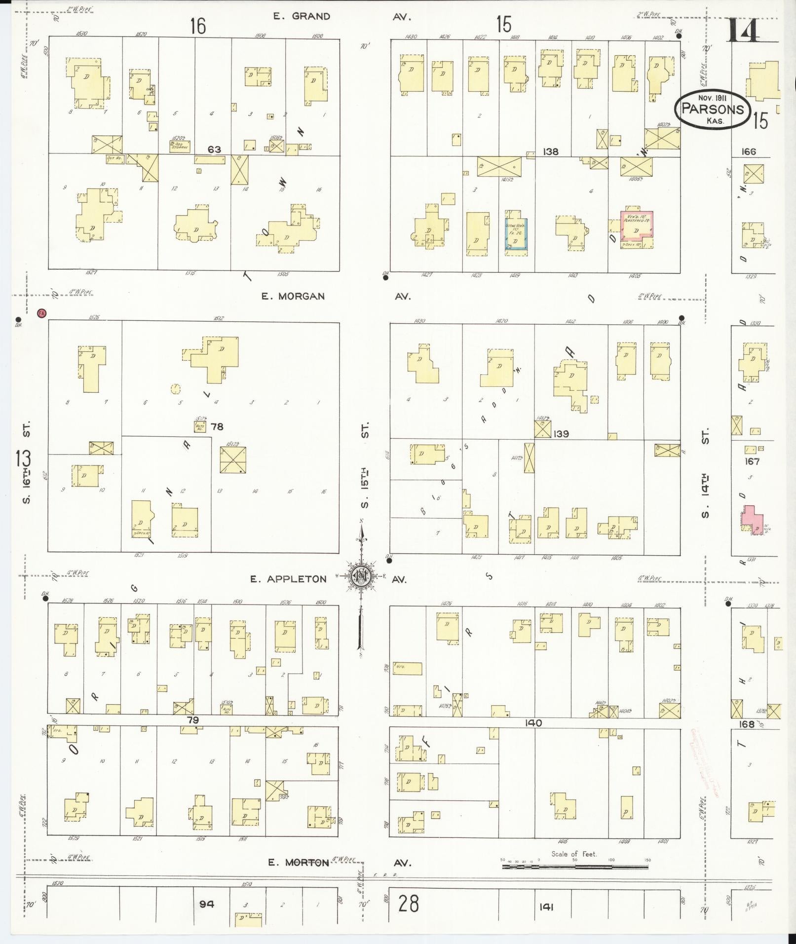 Sanborn Fire Insurance Map from Parsons, Labette County, Kansas (1911), Sheet #0014 - Historic Sanborn Fire Insurance Map Print, vintage old map wall art, antique decor, genealogy gift, Kansas Kansas map