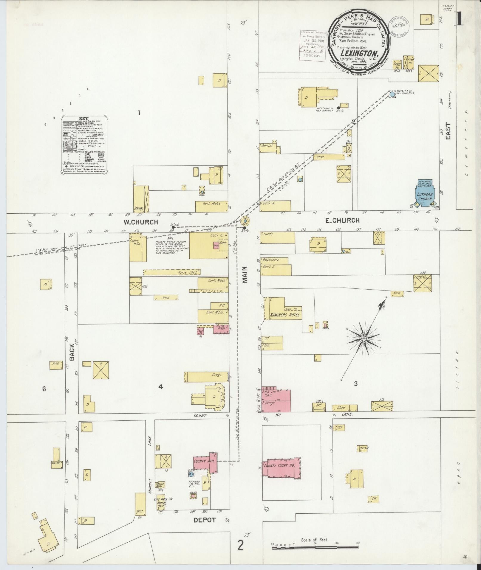 Sanborn Fire Insurance Map from Lexington, Lexington County, South Carolina (1901), Sheet #0001 - Historic Sanborn Fire Insurance Map Print, vintage old map wall art, antique decor, genealogy gift, South Carolina South Carolina map