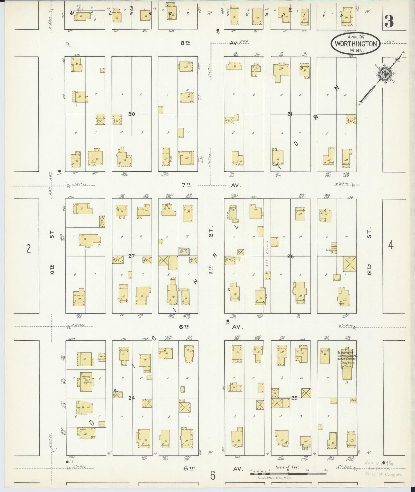 Sanborn Fire Insurance Map from Worthington, Nobles County, Minnesota (1917), Sheet #0003 - Complete Map Set gallery image, historic Sanborn map, vintage wall art, Minnesota Minnesota