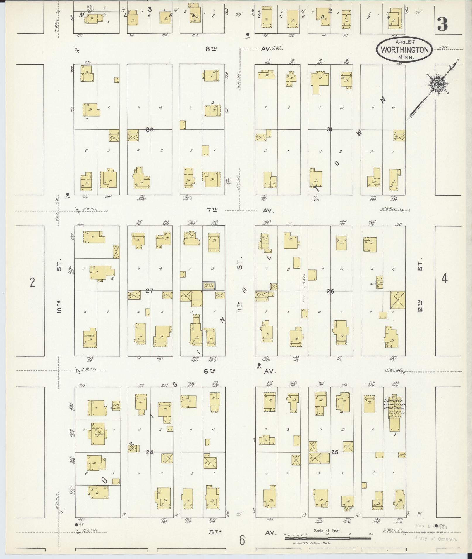 Sanborn Fire Insurance Map from Worthington, Nobles County, Minnesota (1917), Sheet #0003 - Complete Map Set gallery image, historic Sanborn map, vintage wall art, Minnesota Minnesota