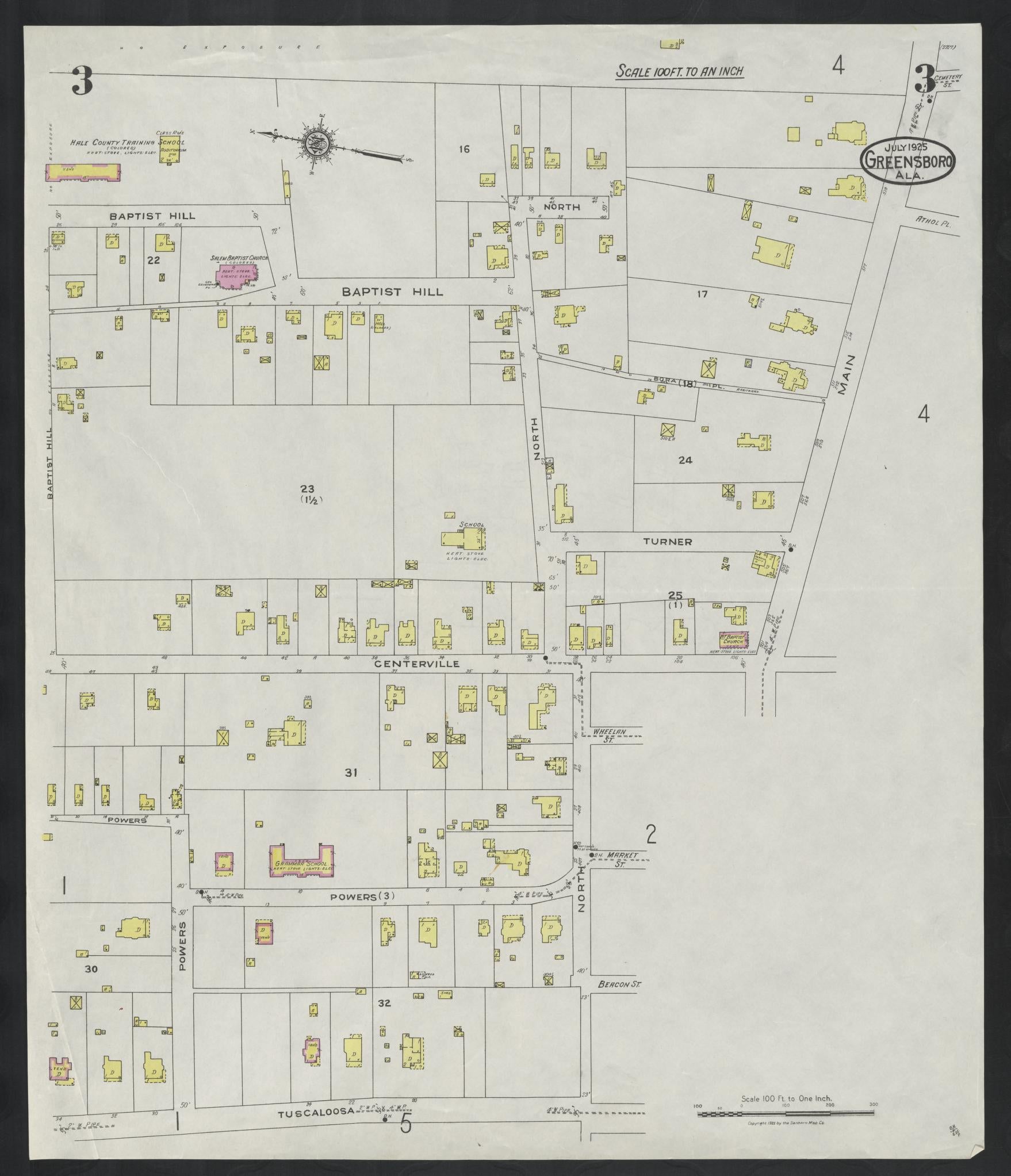 Sanborn Fire Insurance Map from Greensboro, Hale County, Alabama (1925), Sheet #0003 - Complete Map Set gallery image, historic Sanborn map, vintage wall art, Alabama Alabama
