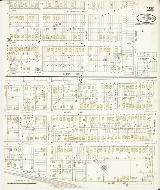 Sanborn Fire Insurance Map from Hutchinson, Reno County, Kansas (1915), Sheet #0029 - Historic Sanborn Fire Insurance Map Print, vintage old map wall art, antique decor, genealogy gift, Kansas Kansas map