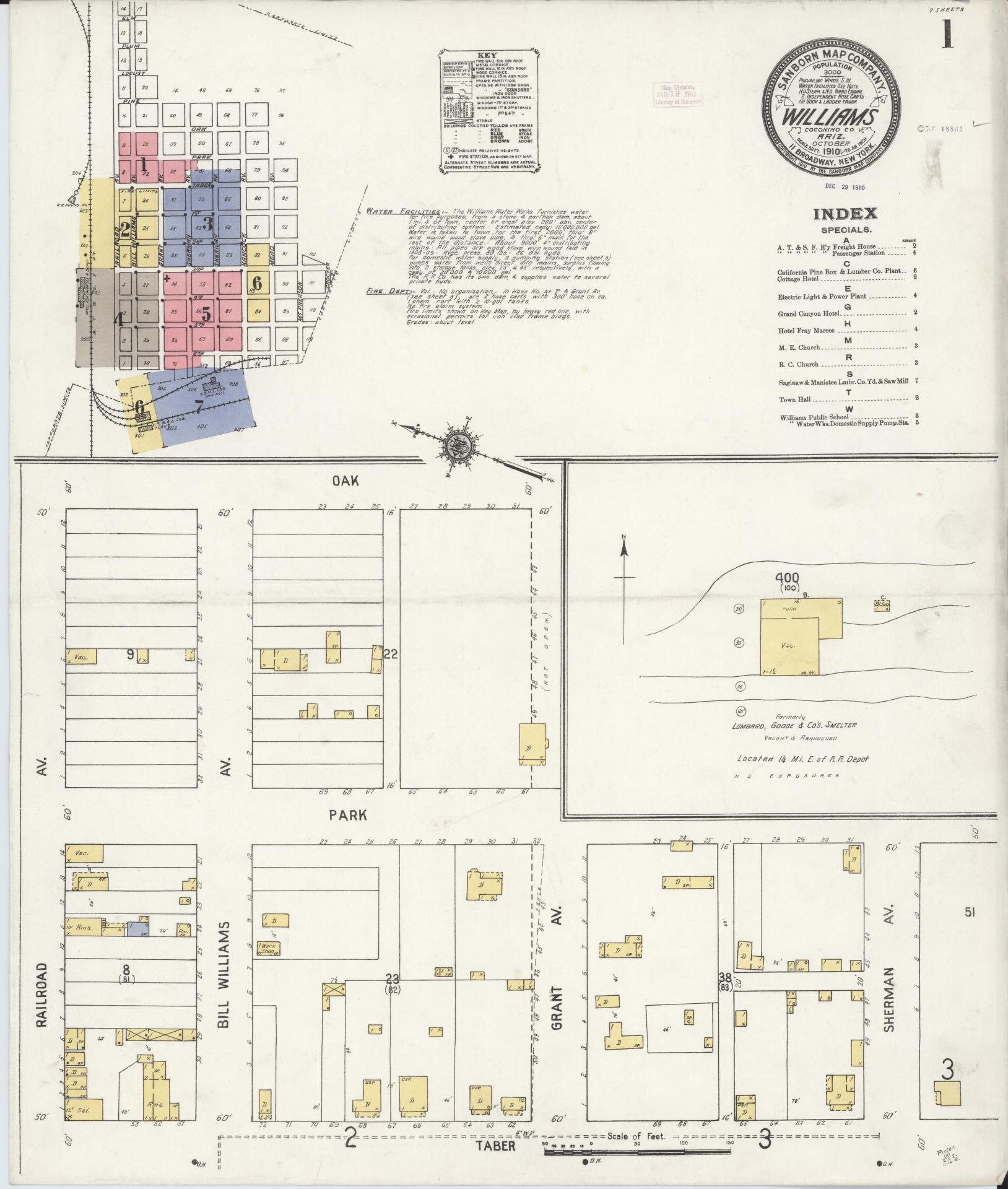 Sanborn Fire Insurance Map from Williams, Coconino County, Arizona (1910), Sheet #0001 - Historic Sanborn Fire Insurance Map Print, vintage old map wall art, antique decor, genealogy gift, Arizona Arizona map