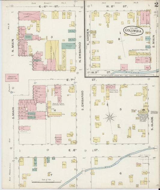 Sanborn Fire Insurance Map from Columbia, Maury County, Tennessee (1887), Sheet #0002 - Historic Sanborn Fire Insurance Map Print, vintage old map wall art, antique decor, genealogy gift, Tennessee Tennessee map