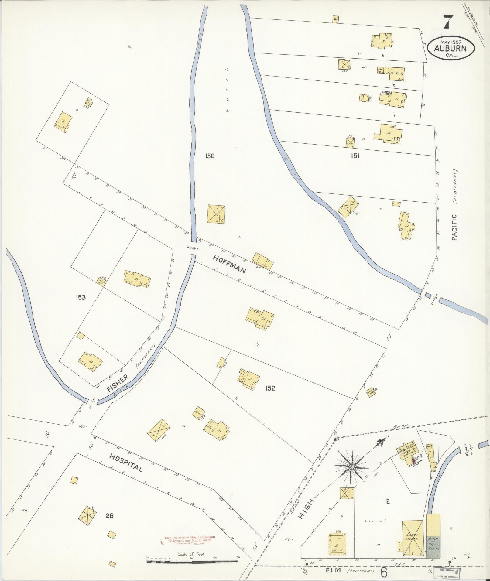 Sanborn Fire Insurance Map from Auburn, Placer County, California (1907), Sheet #0007 - Historic Sanborn Fire Insurance Map Print, vintage old map wall art, antique decor, genealogy gift, California California map