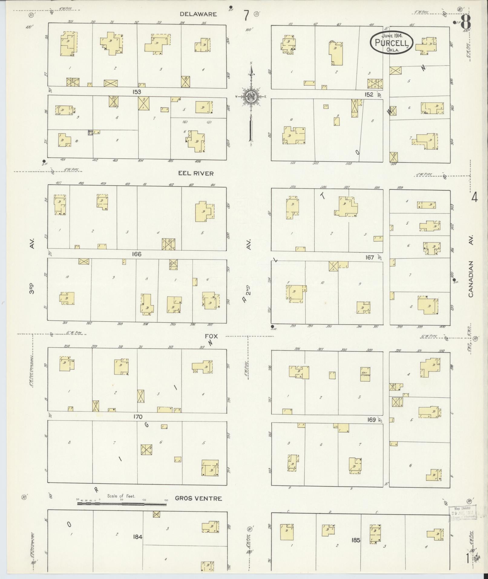 Sanborn Fire Insurance Map from Purcell, McClain County, Oklahoma (1914), Sheet #0008 - Historic Sanborn Fire Insurance Map Print, vintage old map wall art, antique decor, genealogy gift, Oklahoma Oklahoma map