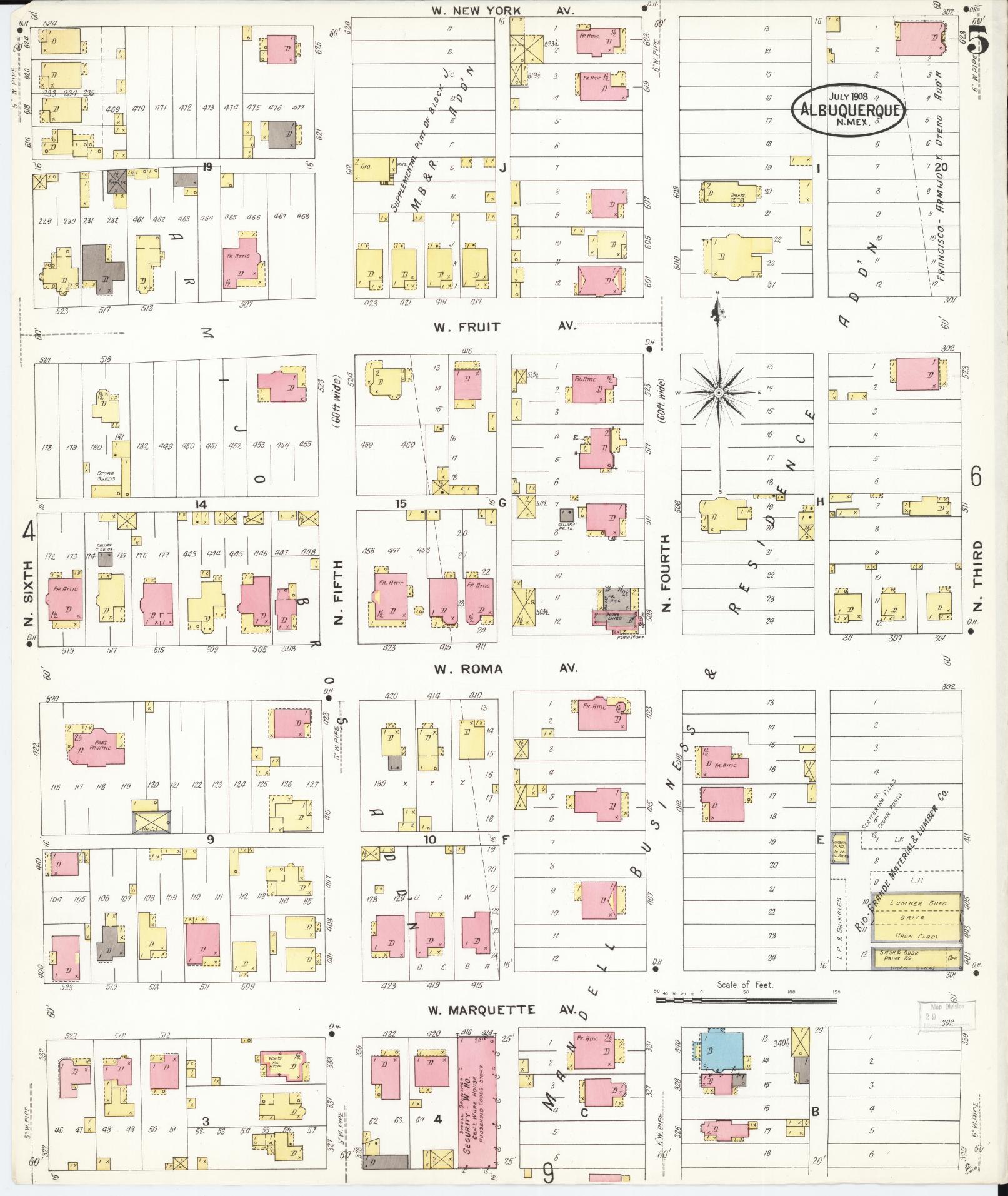 Sanborn Fire Insurance Map from Albuquerque, Bernalillo County, New Mexico (1908), Sheet #0005 - Historic Sanborn Fire Insurance Map Print, vintage old map wall art, antique decor, genealogy gift, New Mexico New Mexico map