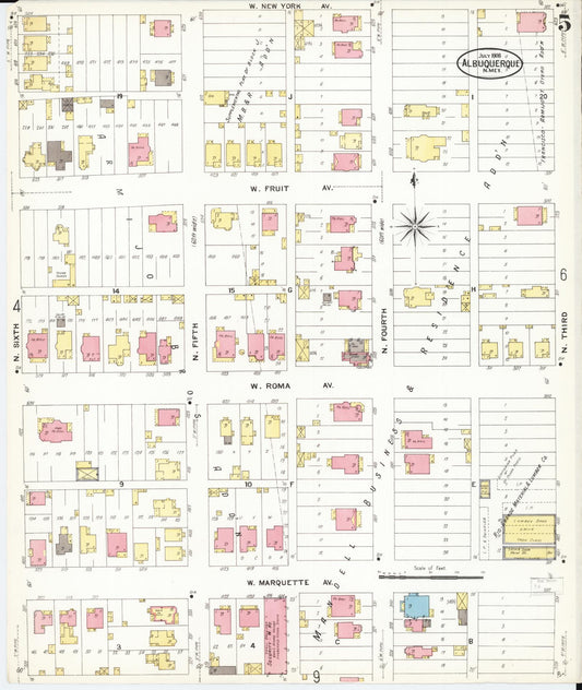 Sanborn Fire Insurance Map from Albuquerque, Bernalillo County, New Mexico (1908), Sheet #0005 - Historic Sanborn Fire Insurance Map Print, vintage old map wall art, antique decor, genealogy gift, New Mexico New Mexico map