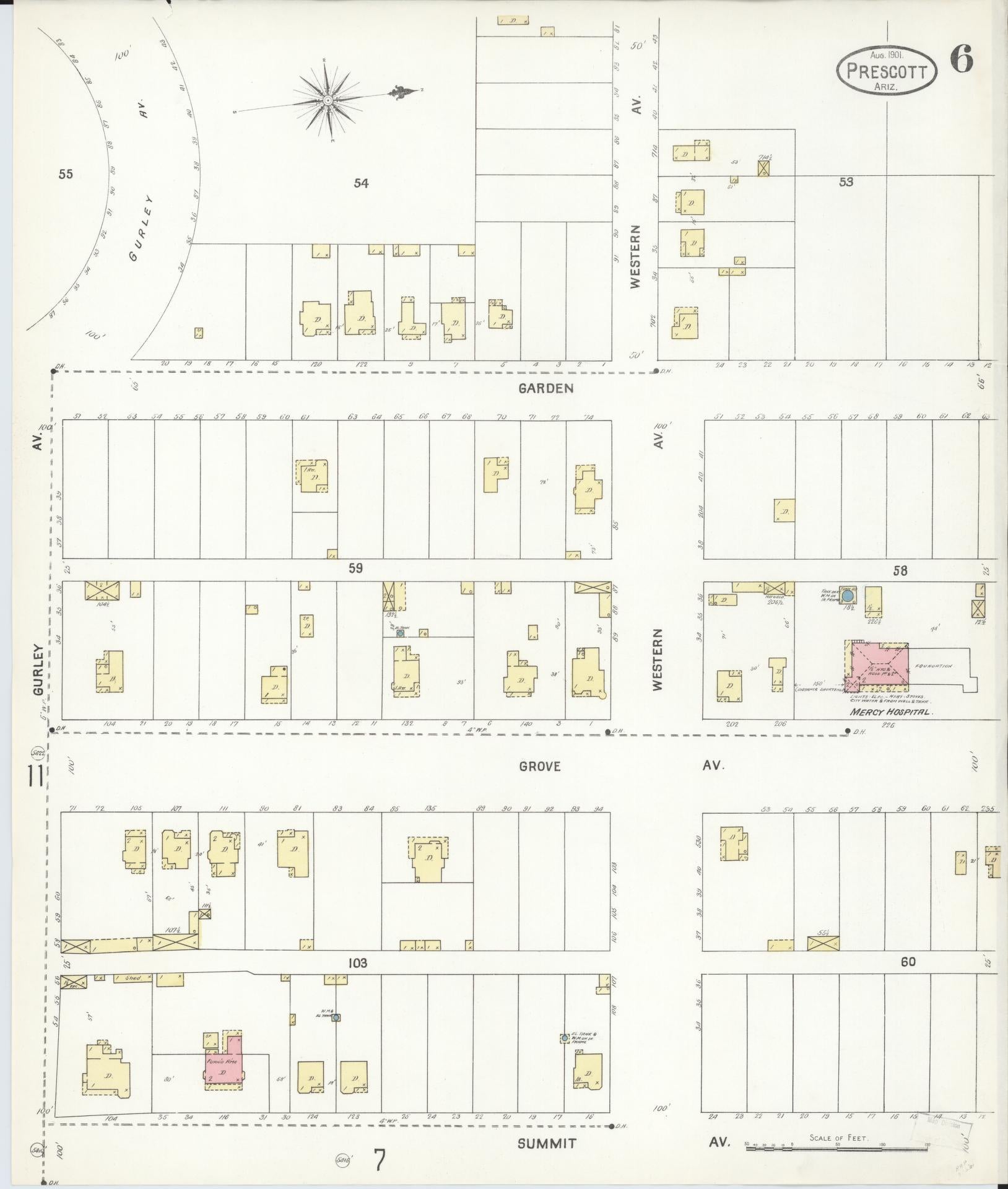 Sanborn Fire Insurance Map from Prescott, Yavapai County, Arizona (1901), Sheet #0006 - Historic Sanborn Fire Insurance Map Print, vintage old map wall art, antique decor, genealogy gift, Arizona Arizona map