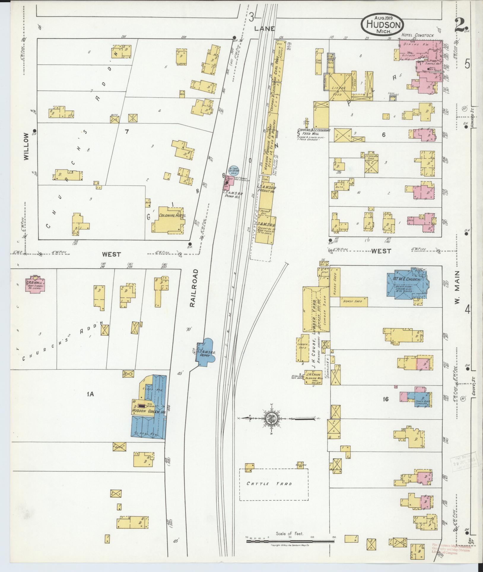 Sanborn Fire Insurance Map from Hudson, Lenawee County, Michigan (1919), Sheet #0002 - Complete Map Set gallery image, historic Sanborn map, vintage wall art, Michigan Michigan