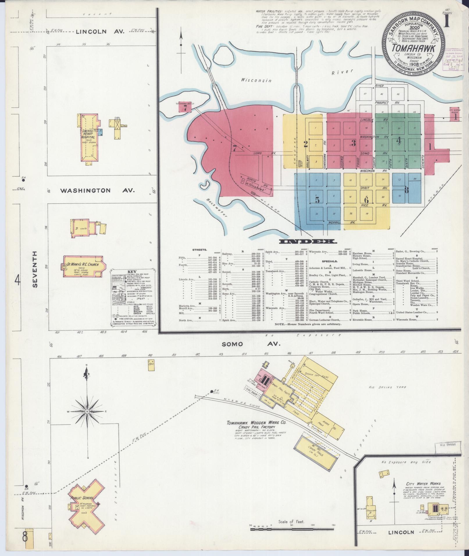 Sanborn Fire Insurance Map from Tomahawk, Lincoln County, Wisconsin (1908), Sheet #0001 - Complete Map Set gallery image, historic Sanborn map, vintage wall art, Wisconsin Wisconsin