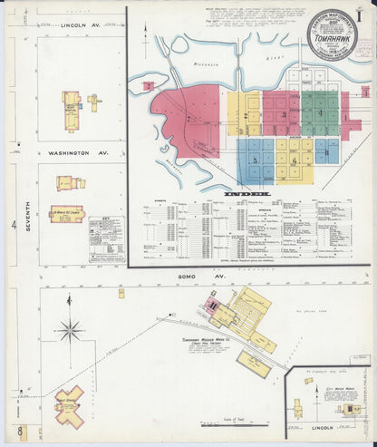 Sanborn Fire Insurance Map from Tomahawk, Lincoln County, Wisconsin (1908), Sheet #0001 - Complete Map Set gallery image, historic Sanborn map, vintage wall art, Wisconsin Wisconsin