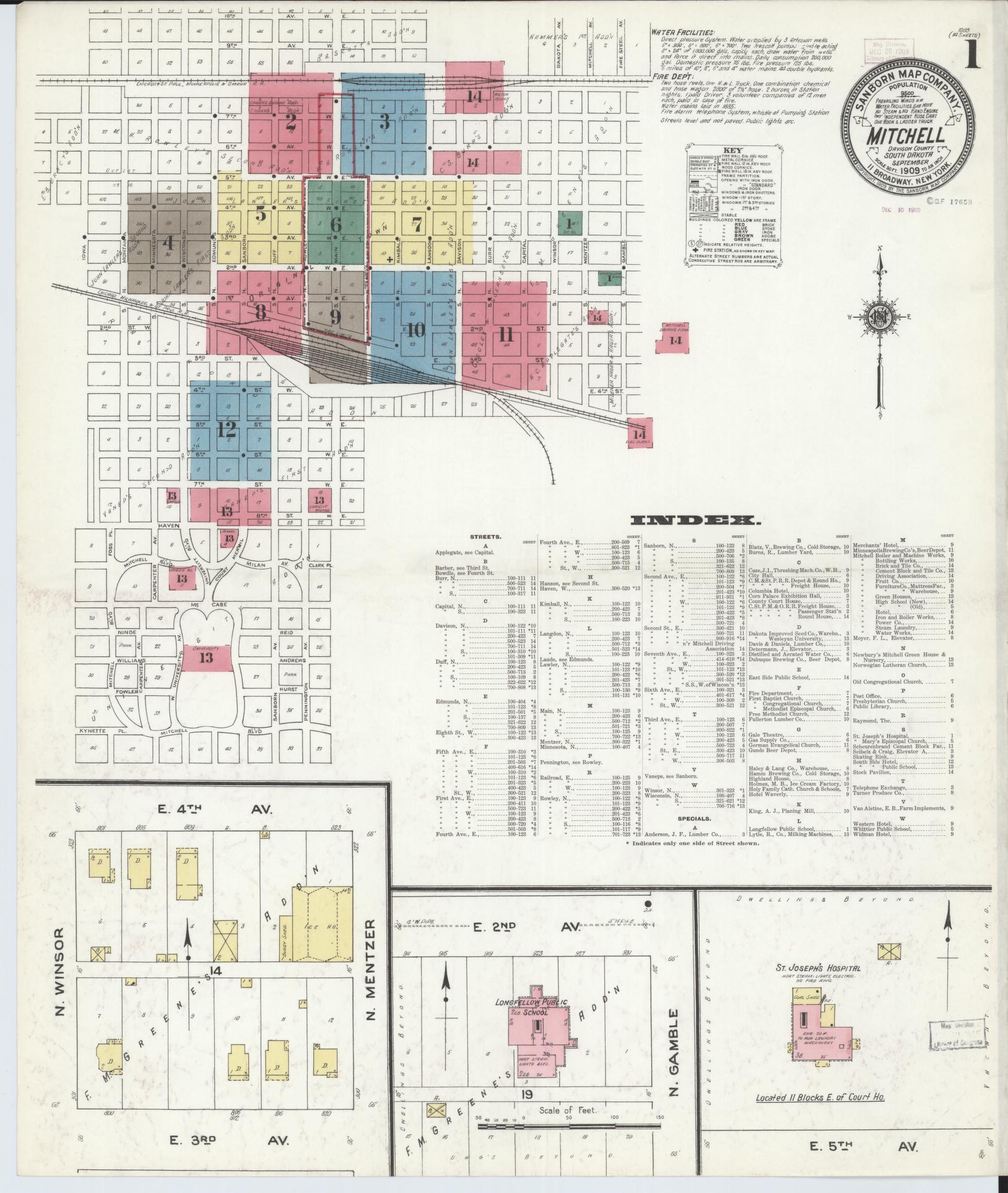Sanborn Fire Insurance Map from Mitchell, Davison County, South Dakota (1909), Sheet #0001 - Complete Map Set gallery image, historic Sanborn map, vintage wall art, South Dakota South Dakota