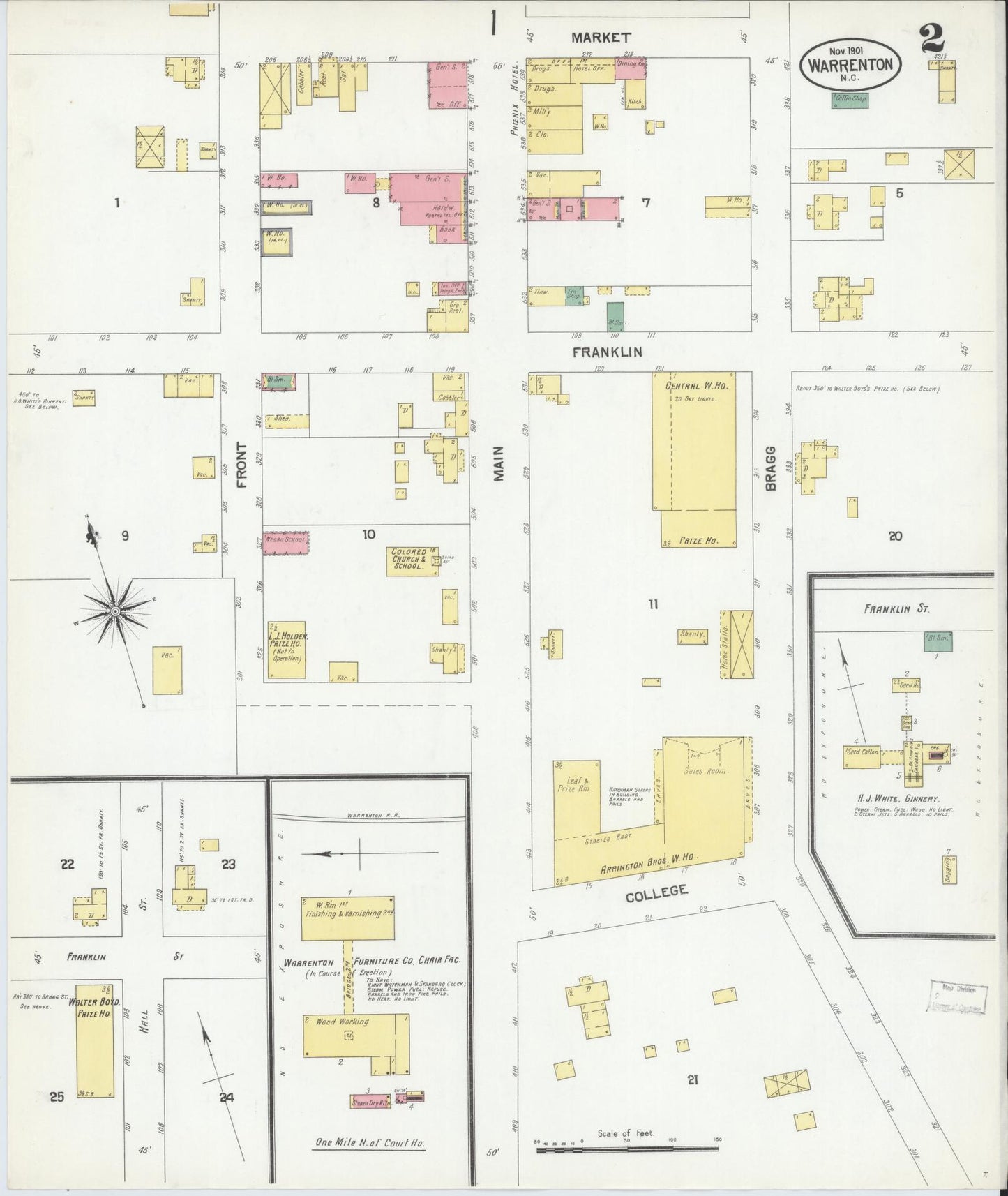 Sanborn Fire Insurance Map from Warrenton, Warren County, North Carolina (1901), Sheet #0002 - Historic Sanborn Fire Insurance Map Print, vintage old map wall art, antique decor, genealogy gift, North Carolina North Carolina map